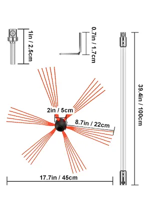VEVOR chimney sweep kit with 39.4in rod and 17.7in brush head dimensions.