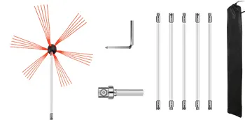 VEVOR chimney sweep kit with brush, rods, drill adapter, and storage bag.