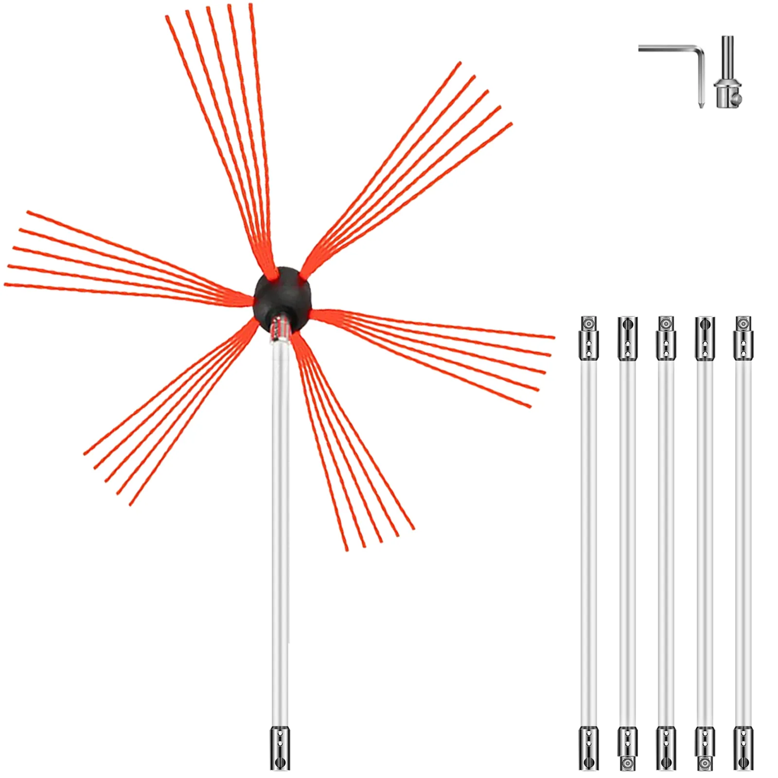 VEVOR chimney sweep kit with red nylon bristles, six extension rods, and an l-shaped tool.
