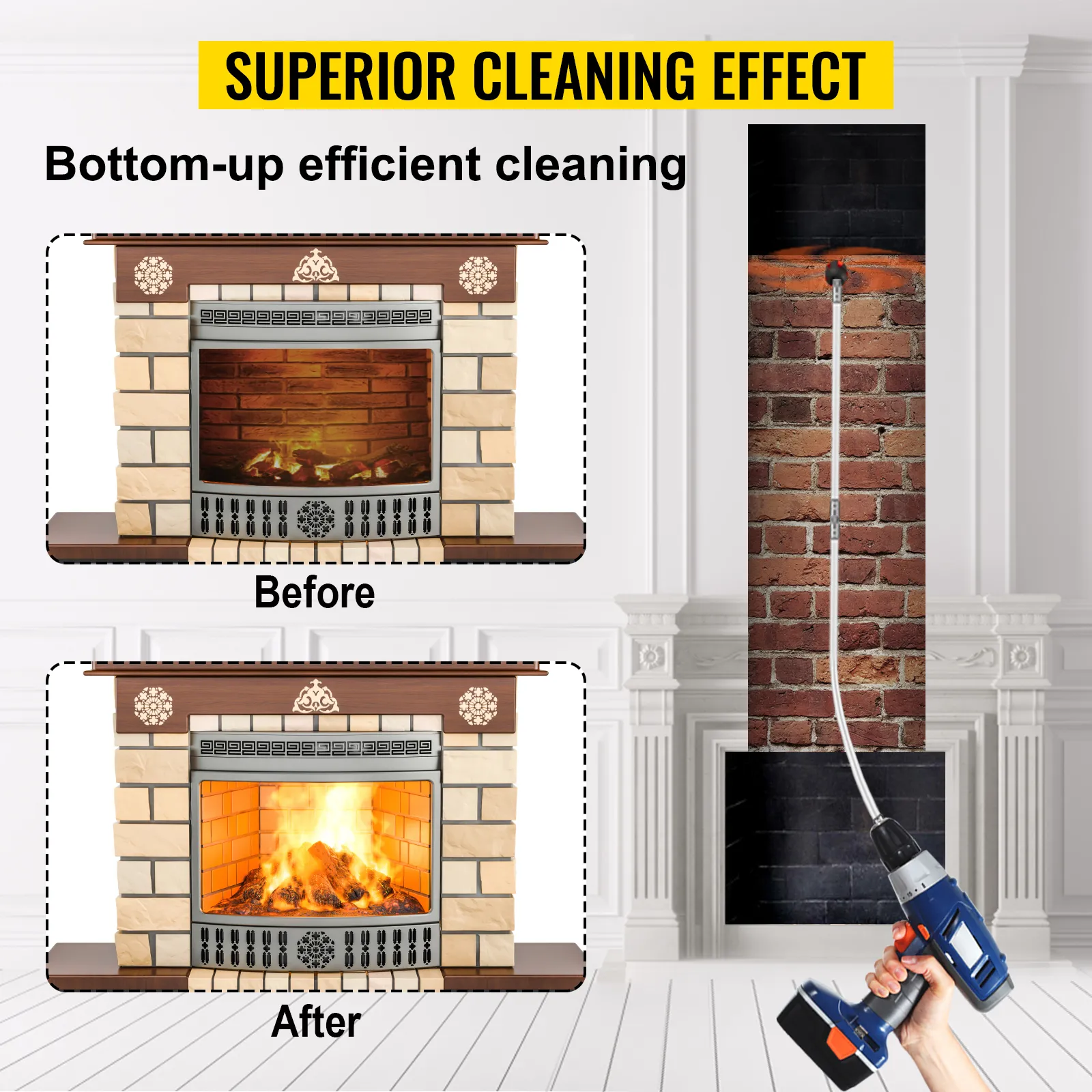 VEVOR chimney sweep kit showing before and after cleaning with drill attachment.