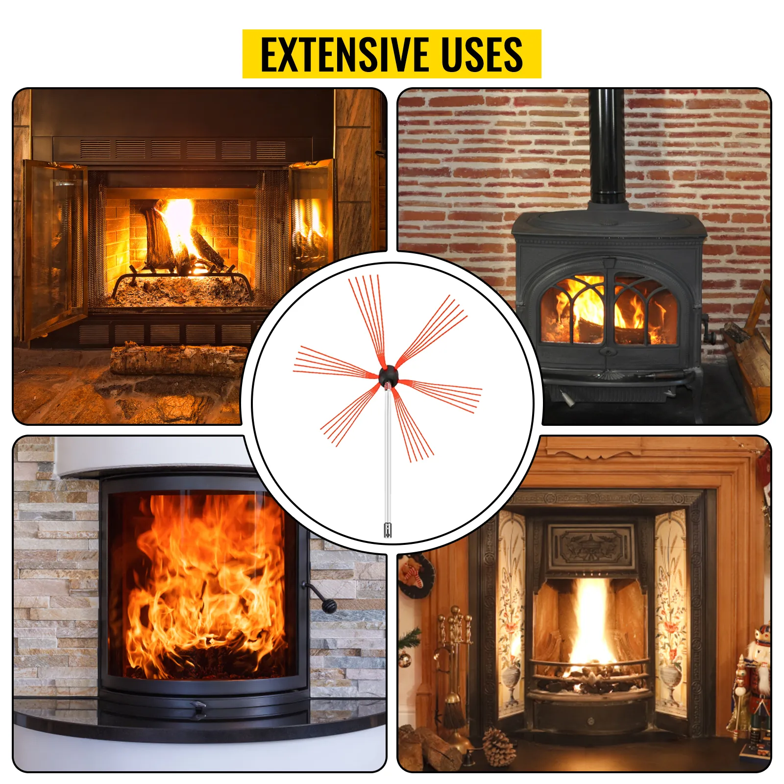 VEVOR chimney sweep kit with various fireplaces and a burning firewood. extensive uses.