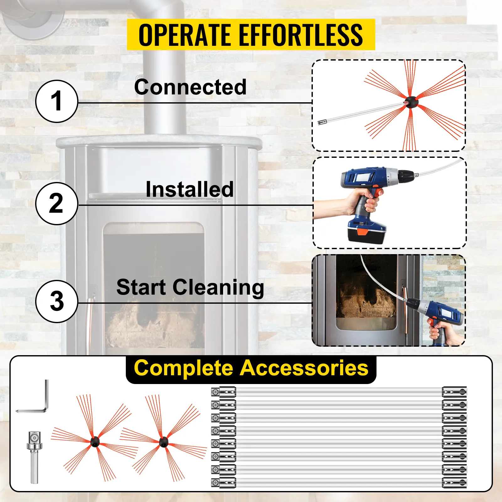 Istruzioni per il kit spazzacamino VEVOR con immagini delle fasi e degli accessori inclusi.