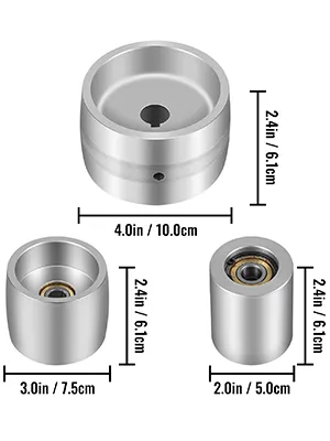 VEVOR belt grinder wheel set: three silver wheels with specified measurements.