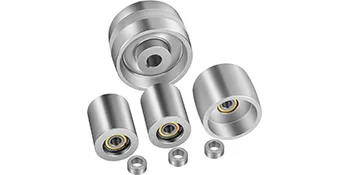 VEVOR belt grinder wheel set with four aluminum wheels and nuts on a white background.