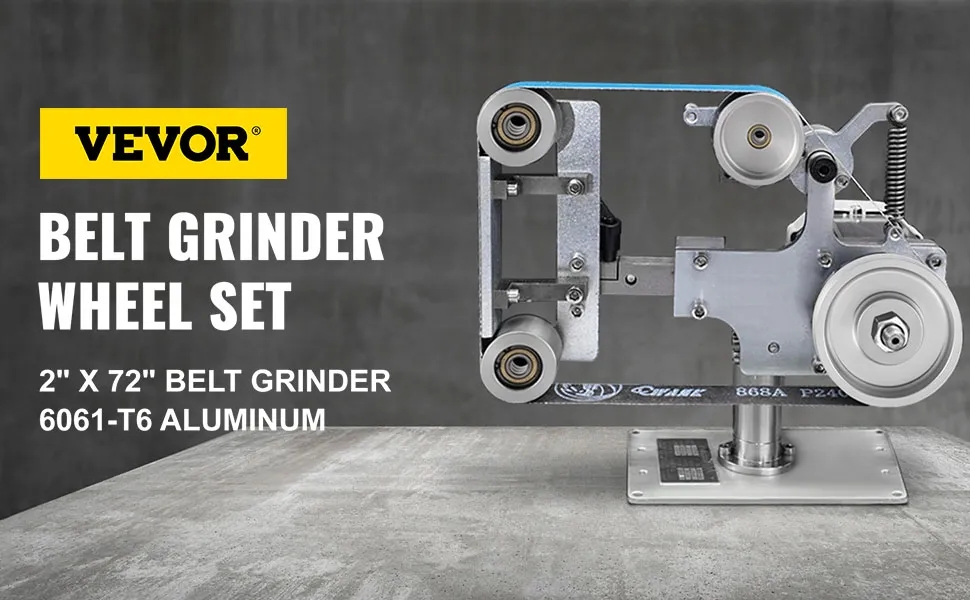 VEVOR belt grinder wheel set, 2"x72", 6061-t6 aluminum machine on a concrete surface.