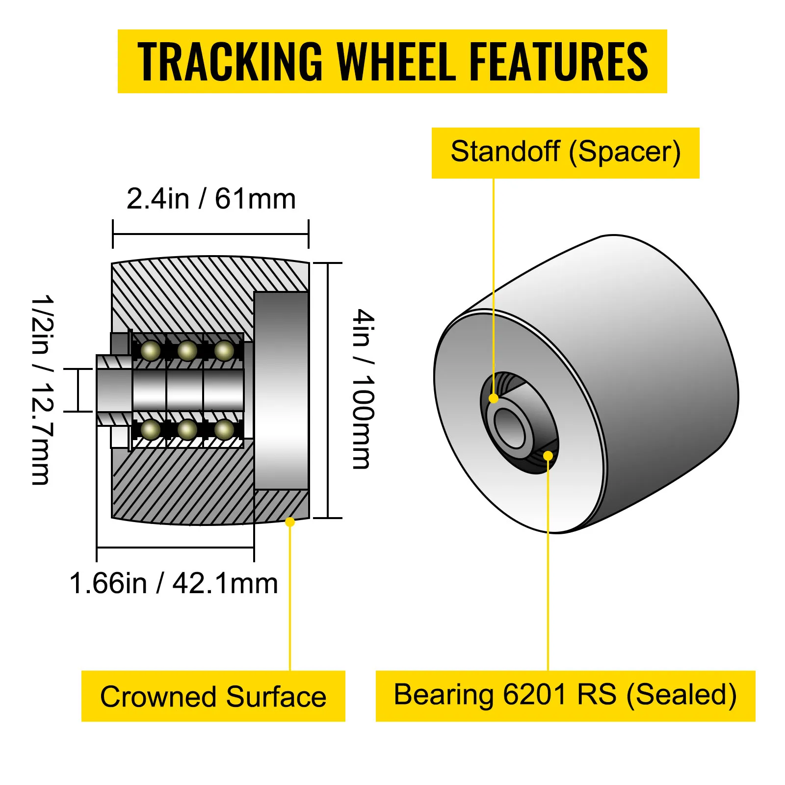 tracking wheel features for VEVOR belt grinder, dimensions labeled with specifications.