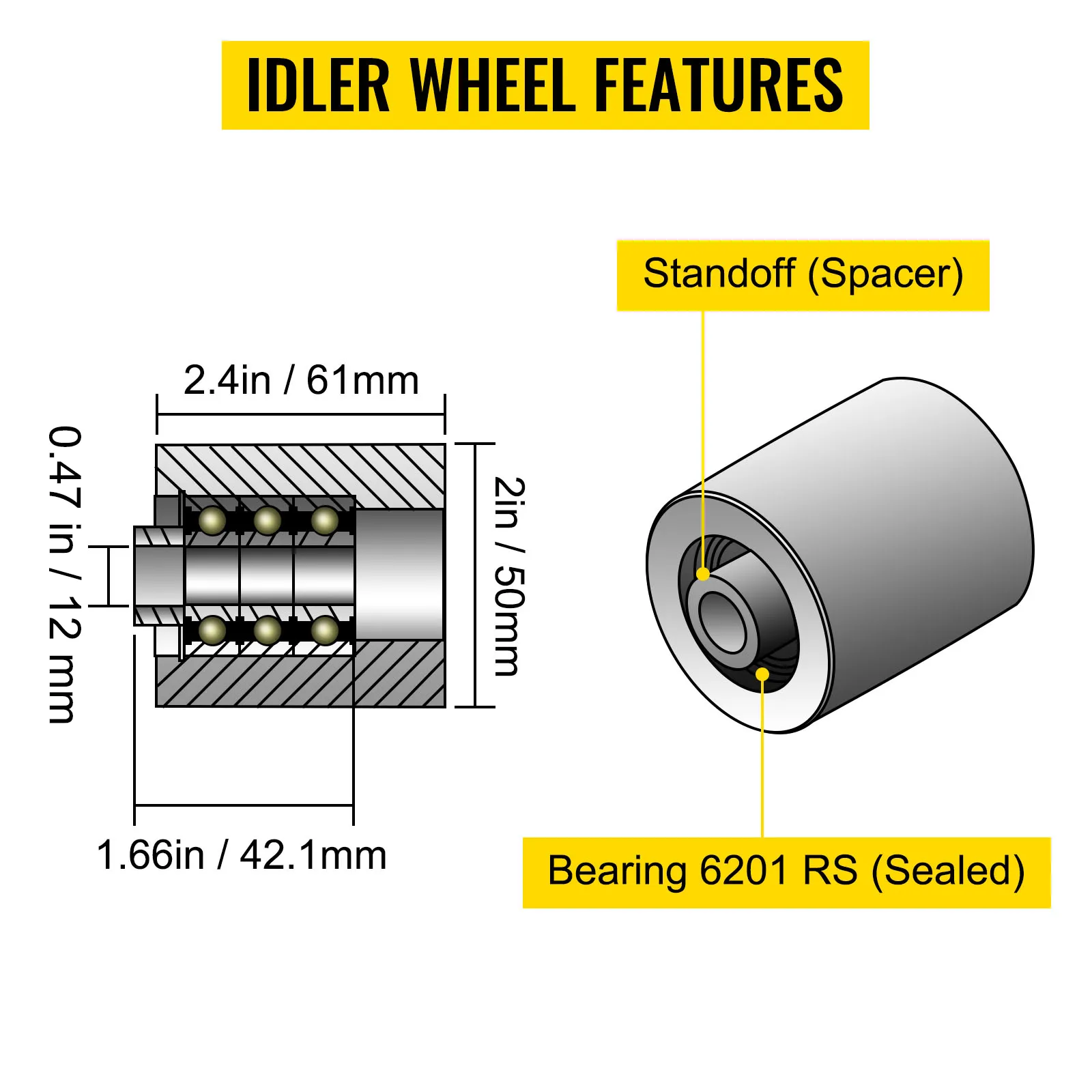 idler wheel features and dimensions for VEVOR belt grinder with labeled bearings and spacers.