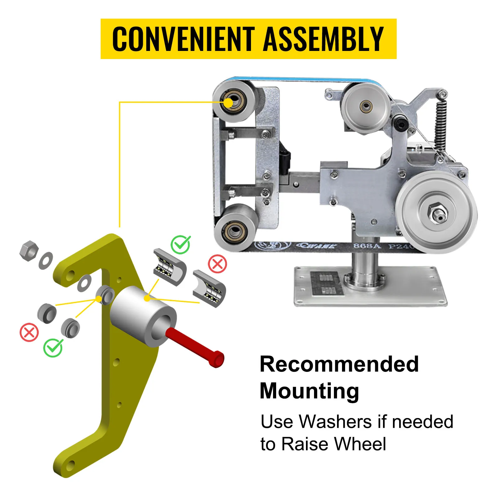 VEVOR belt grinder assembly guide with recommended mounting instructions.