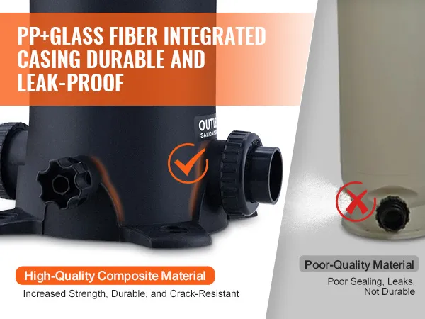 pp+glasvezel VEVOR zwembadfilter met duurzame, lekvrije behuizing versus alternatief van slechte kwaliteit.