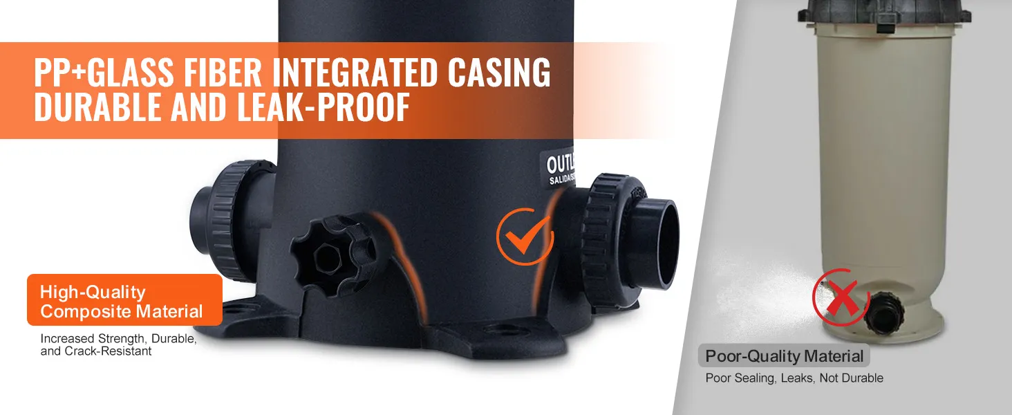 pp+glasvezel VEVOR zwembadfilter met duurzame, lekvrije behuizing versus alternatief van slechte kwaliteit.