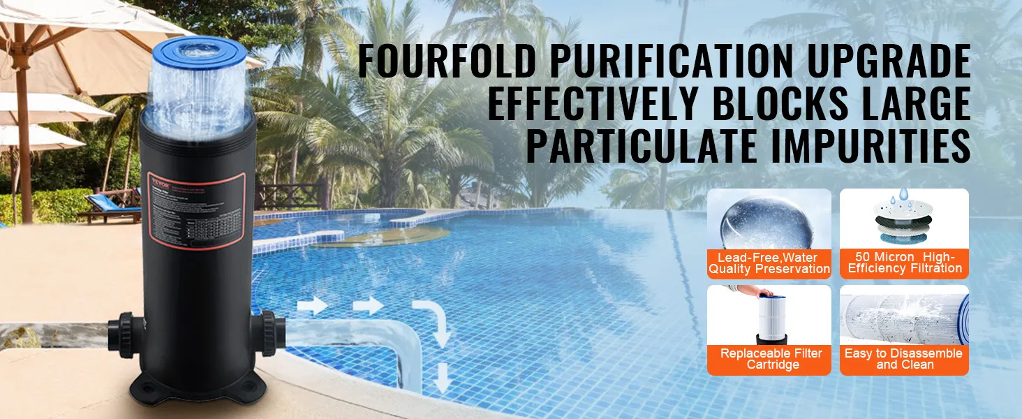 VEVOR zwembadfilter met viervoudige zuivering, blokkeert grote onzuiverheden en zorgt voor een luxueuze zwembadomgeving.