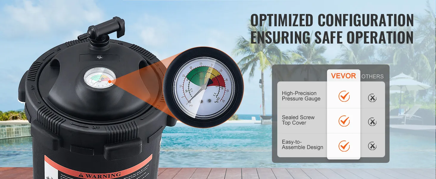 VEVOR-zwembadfilter met een uiterst nauwkeurige manometer, een verzegelde schroefdop en een eenvoudig te monteren ontwerp.