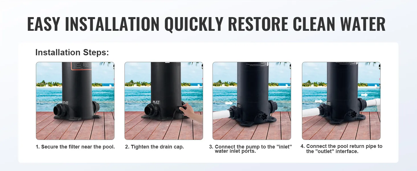 Eenvoudige installatiehandleiding voor het VEVOR-zwembadfilter met stappen voor het bevestigen, vastdraaien, aansluiten en terugplaatsen.