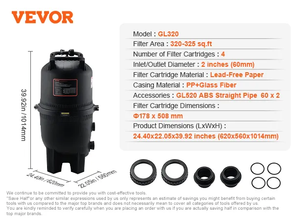 VEVOR cartridge zwembadfilter gl320 met pp+glasvezel omhulsel, 2-inch diameter, inclusief accessoires.