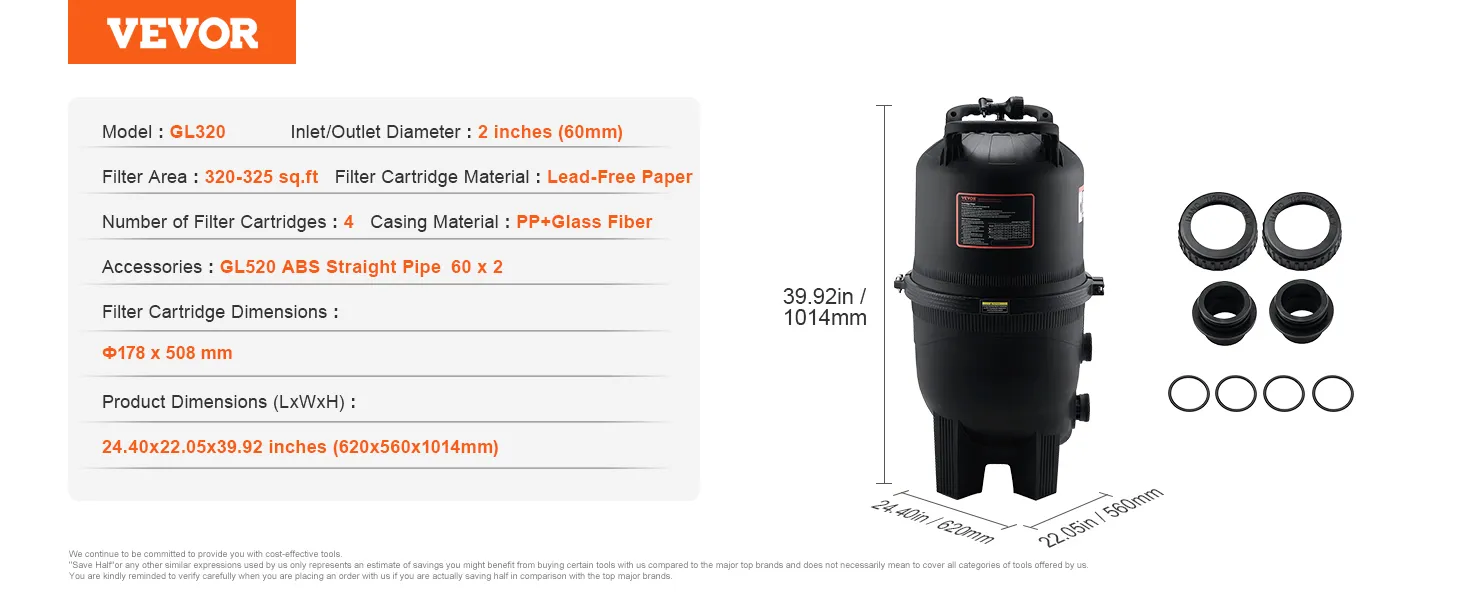 VEVOR cartridge zwembadfilter gl320 met pp+glasvezel omhulsel, 2-inch diameter, inclusief accessoires.