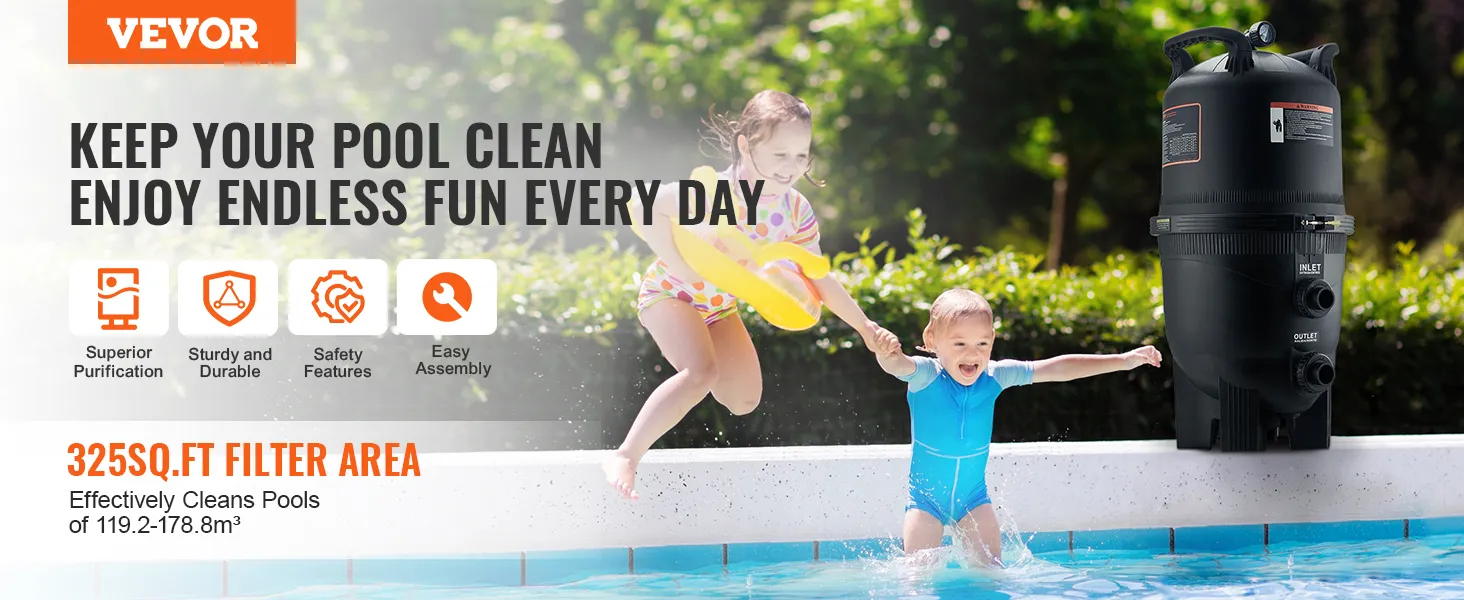 Het VEVOR-cartridgefilter voor zwembaden zorgt voor schone zwembaden dankzij de superieure zuivering, het duurzame ontwerp en de eenvoudige montage.
