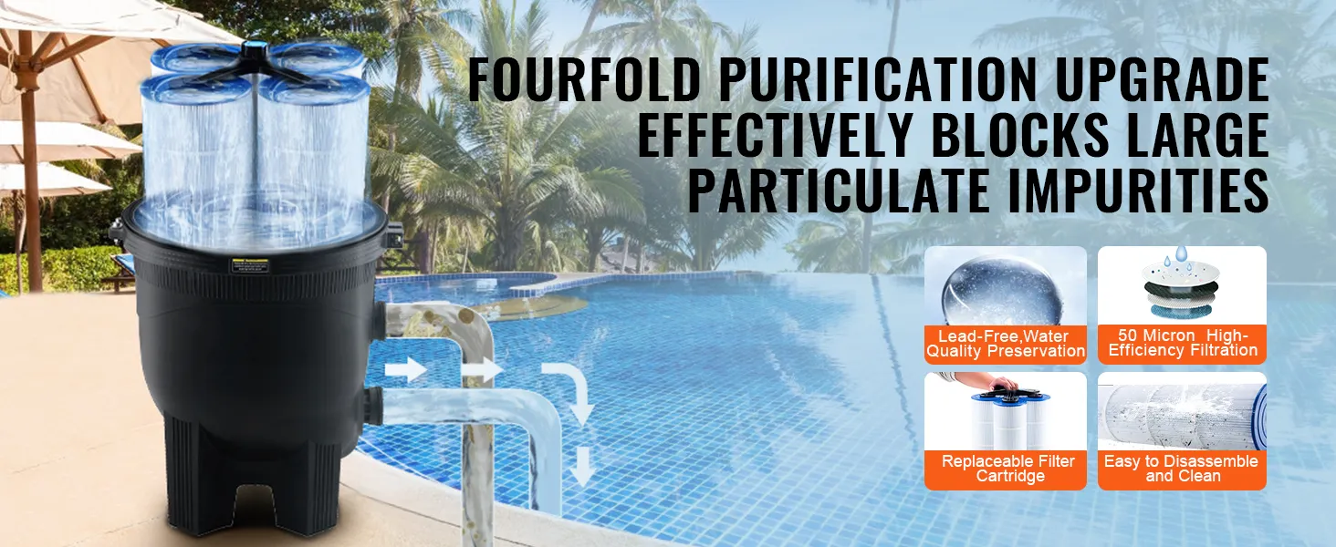 VEVOR-cartridgefilter voor zwembaden, met filterfuncties en -voordelen tegen een tropische achtergrond.