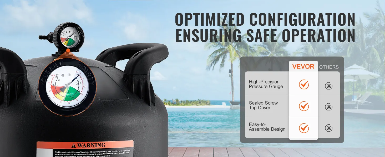 VEVOR-patroonfilter voor zwembaden met een uiterst nauwkeurige manometer en een eenvoudig te monteren ontwerp.