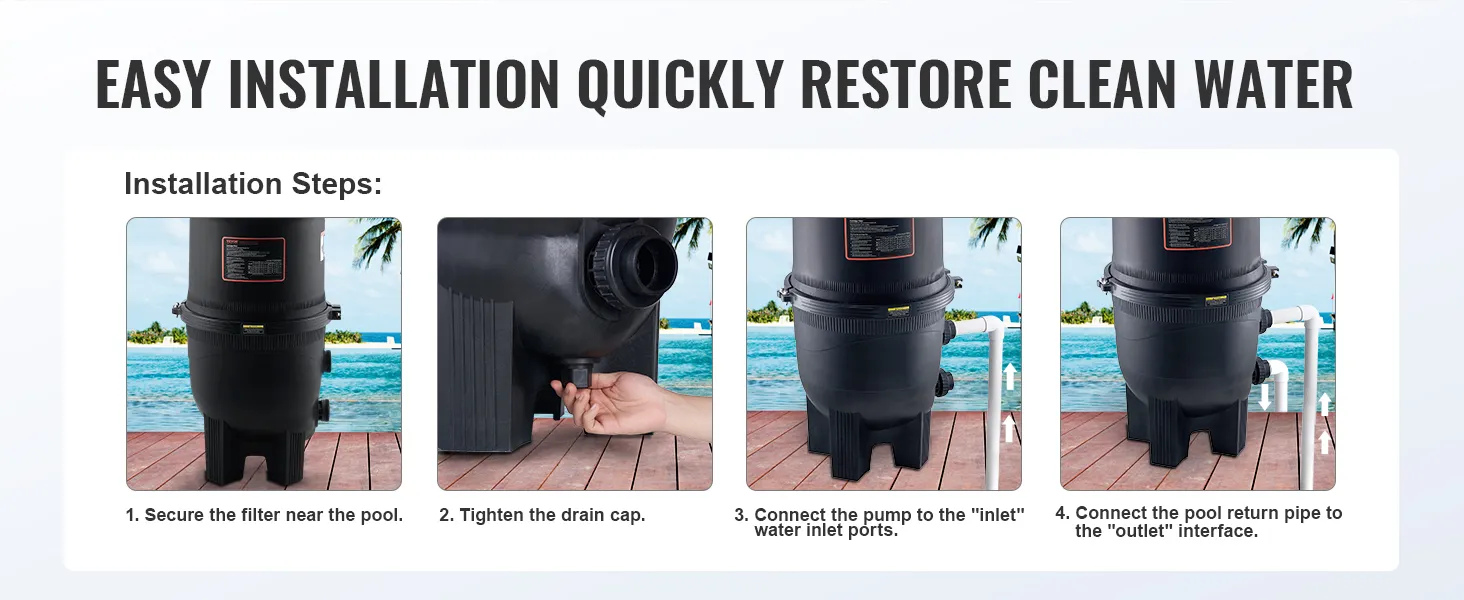 Eenvoudige installatiehandleiding voor het VEVOR-cartridgefilter voor zwembaden, zodat u uw zwembadwater snel weer schoon krijgt.