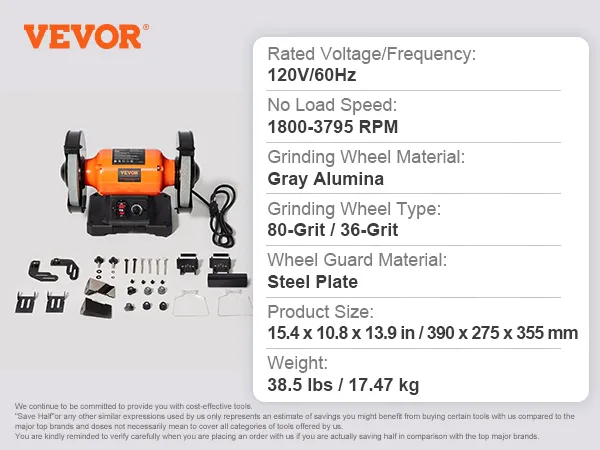 Amoladora de banco VEVOR con ruedas de alúmina gris, grano 80/grano 36, 1800-3795 rpm, tamaño 15,4 x 10,8 x 13,9 pulgadas.