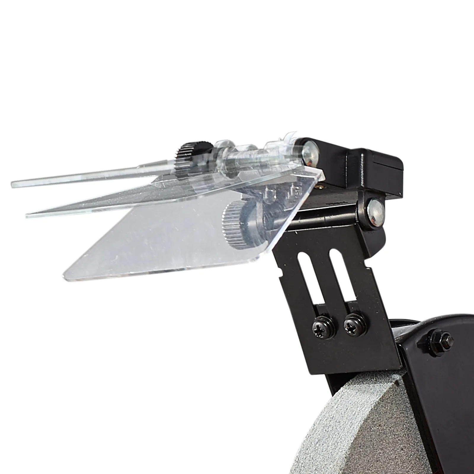 Amoladora de banco VEVOR con protector de seguridad ajustable, con perillas y soporte de montaje en la muela de amolar.