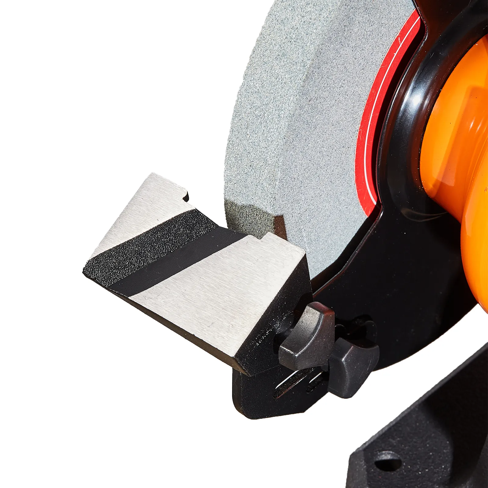 Primer plano de una amoladora de banco VEVOR que muestra la muela de afilar y el soporte de la herramienta.