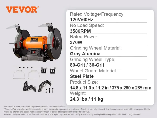 VEVOR bench grinder with 370w power, 3580 rpm, gray alumina wheels, and steel plate guards.