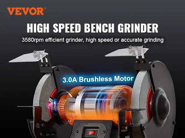 VEVOR bench grinder with 3580rpm, 3.0a brushless motor for high-speed, accurate grinding.