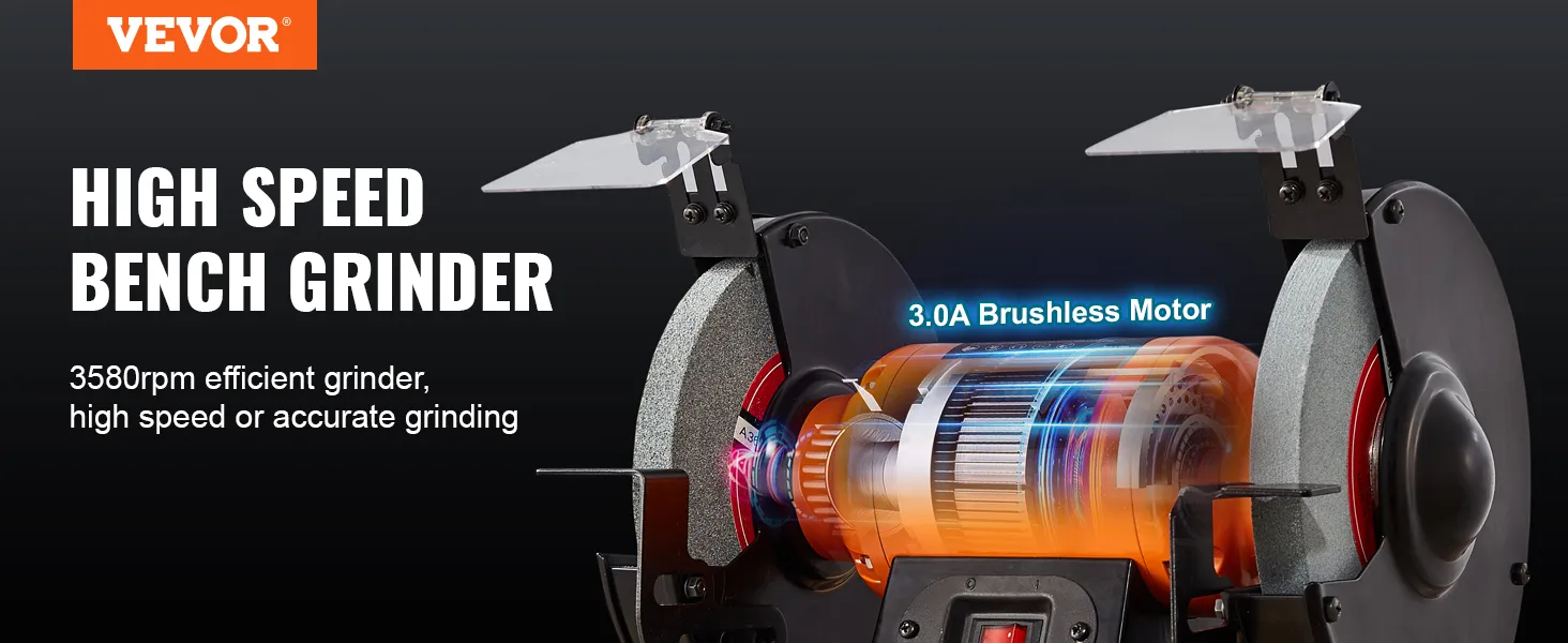 VEVOR bench grinder with 3580rpm, 3.0a brushless motor for high-speed, accurate grinding.