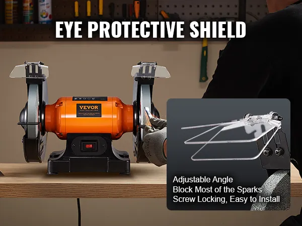 VEVOR bench grinder with adjustable eye protective shields and user working on a wooden bench.