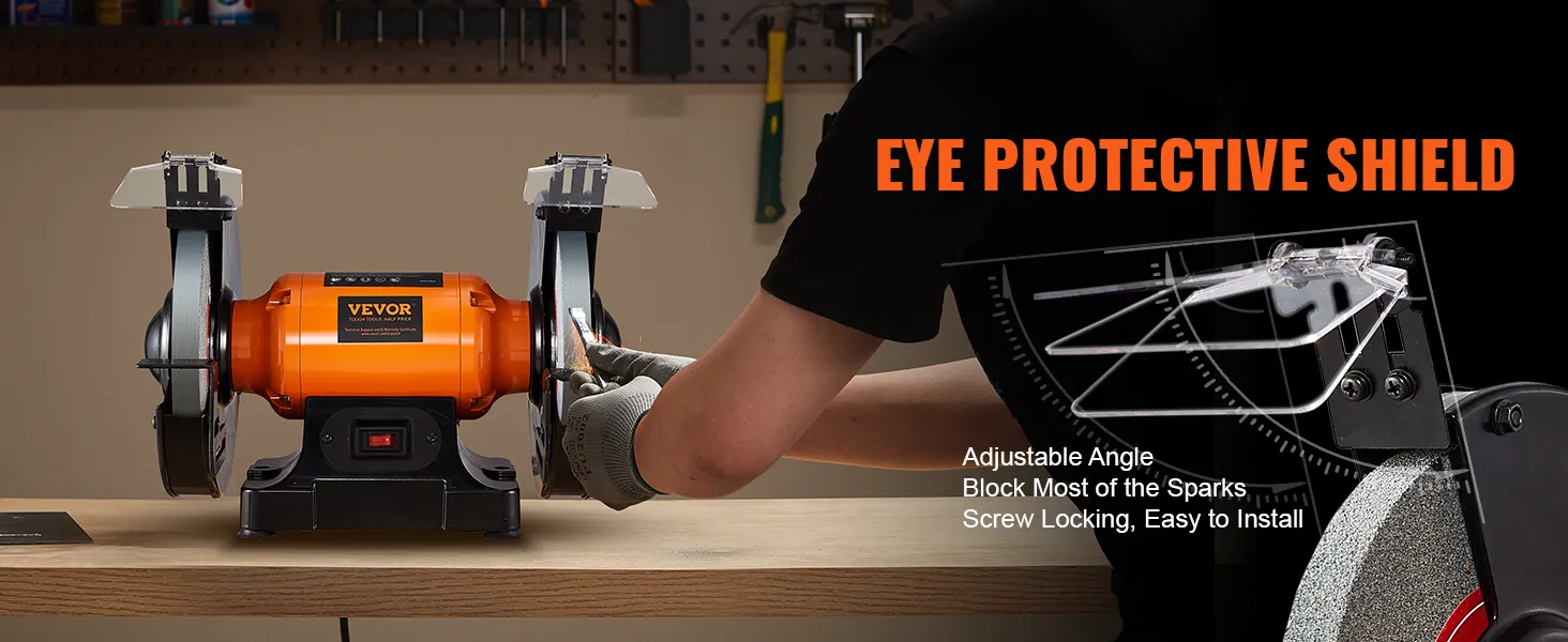 VEVOR bench grinder with adjustable eye protective shields and user working on a wooden bench.