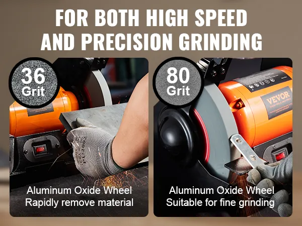 VEVOR bench grinder with 36 grit for rapid material removal and 80 grit for fine grinding.