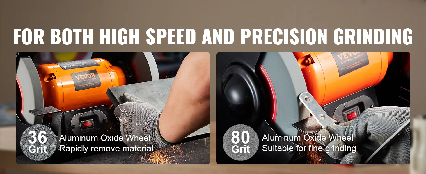 VEVOR bench grinder with 36 grit for rapid material removal and 80 grit for fine grinding.