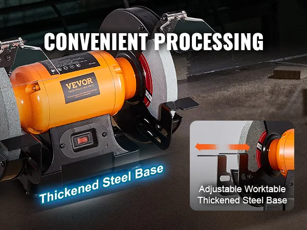 VEVOR bench grinder with adjustable worktable and thickened steel base, designed for convenient processing.