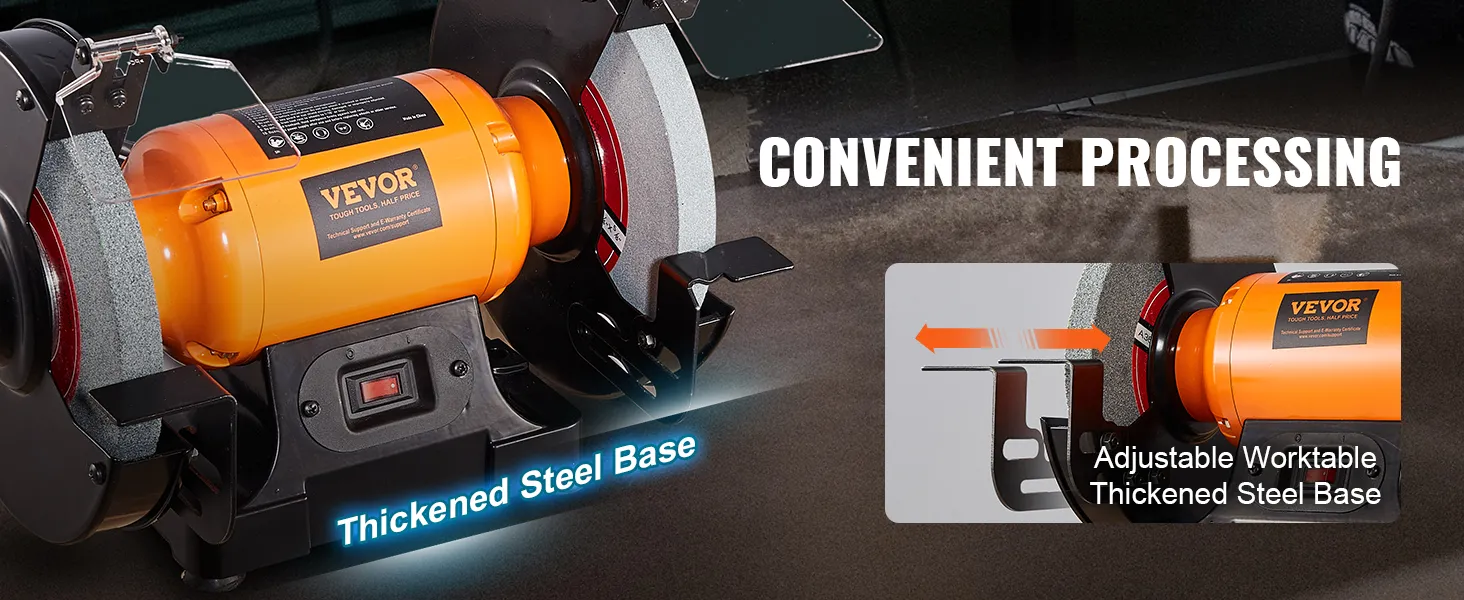 VEVOR bench grinder with adjustable worktable and thickened steel base, designed for convenient processing.
