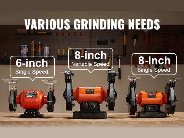 VEVOR bench grinder series in 6-inch and 8-inch models for various grinding needs, on a workbench.