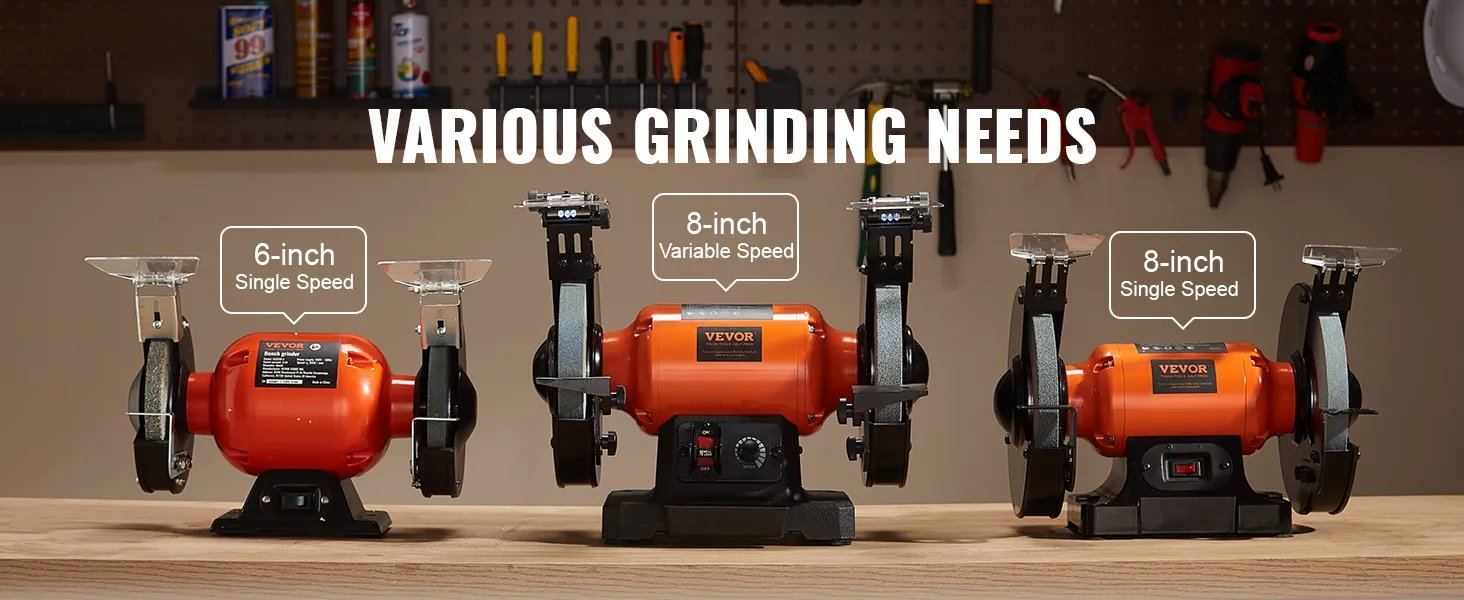 VEVOR bench grinder series in 6-inch and 8-inch models for various grinding needs, on a workbench.