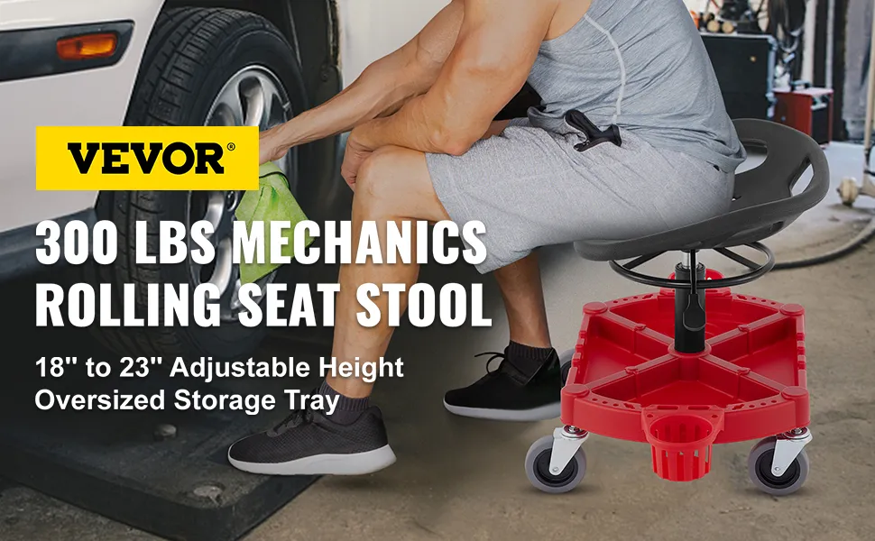 VEVOR rolling garage stool, 300 lbs mechanics seat with adjustable height and storage tray.