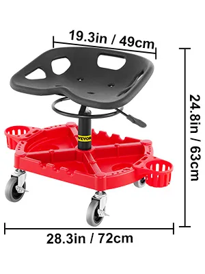 VEVOR rolling garage stool with dimensions and red tool tray on wheels.