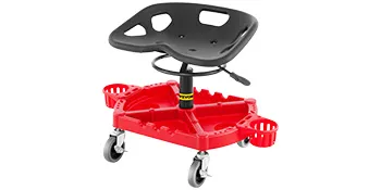red VEVOR rolling garage stool with adjustable black seat and caster wheels.