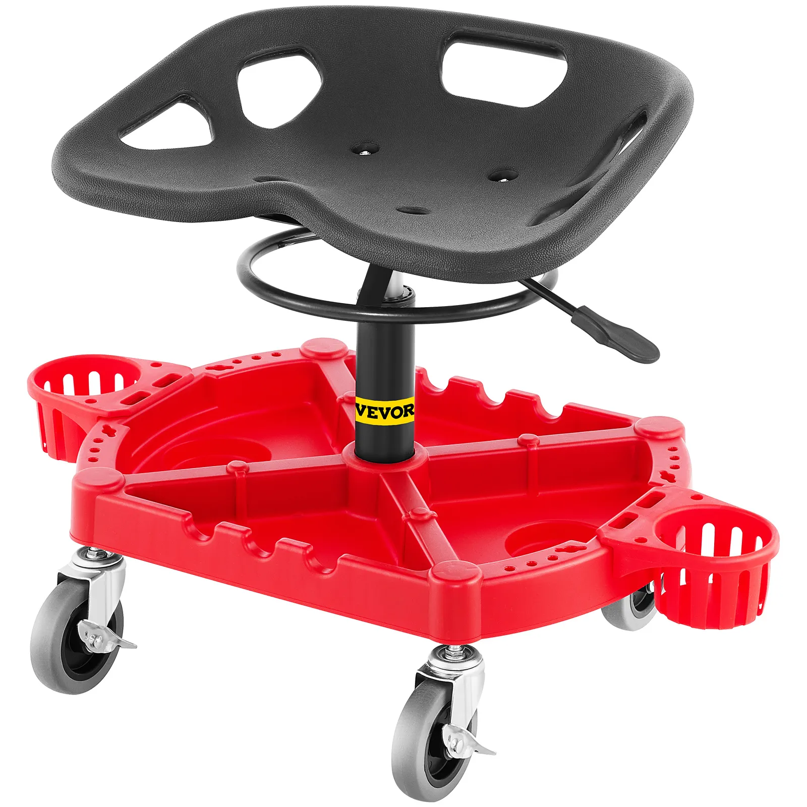 black VEVOR rolling garage stool with red tool tray and caster wheels.