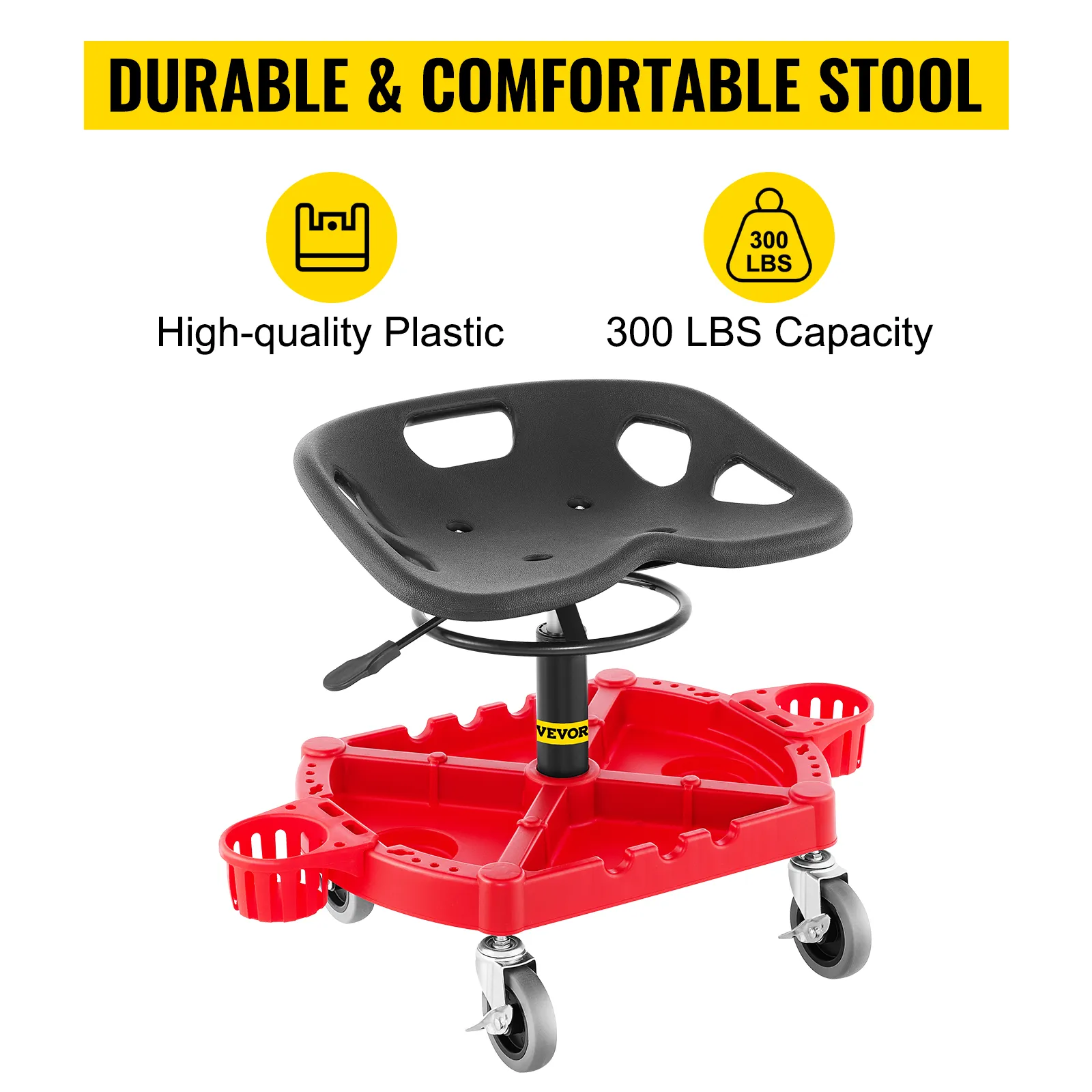 VEVOR rolling garage stool, high-quality plastic, 300 lbs capacity, durable, and comfortable.