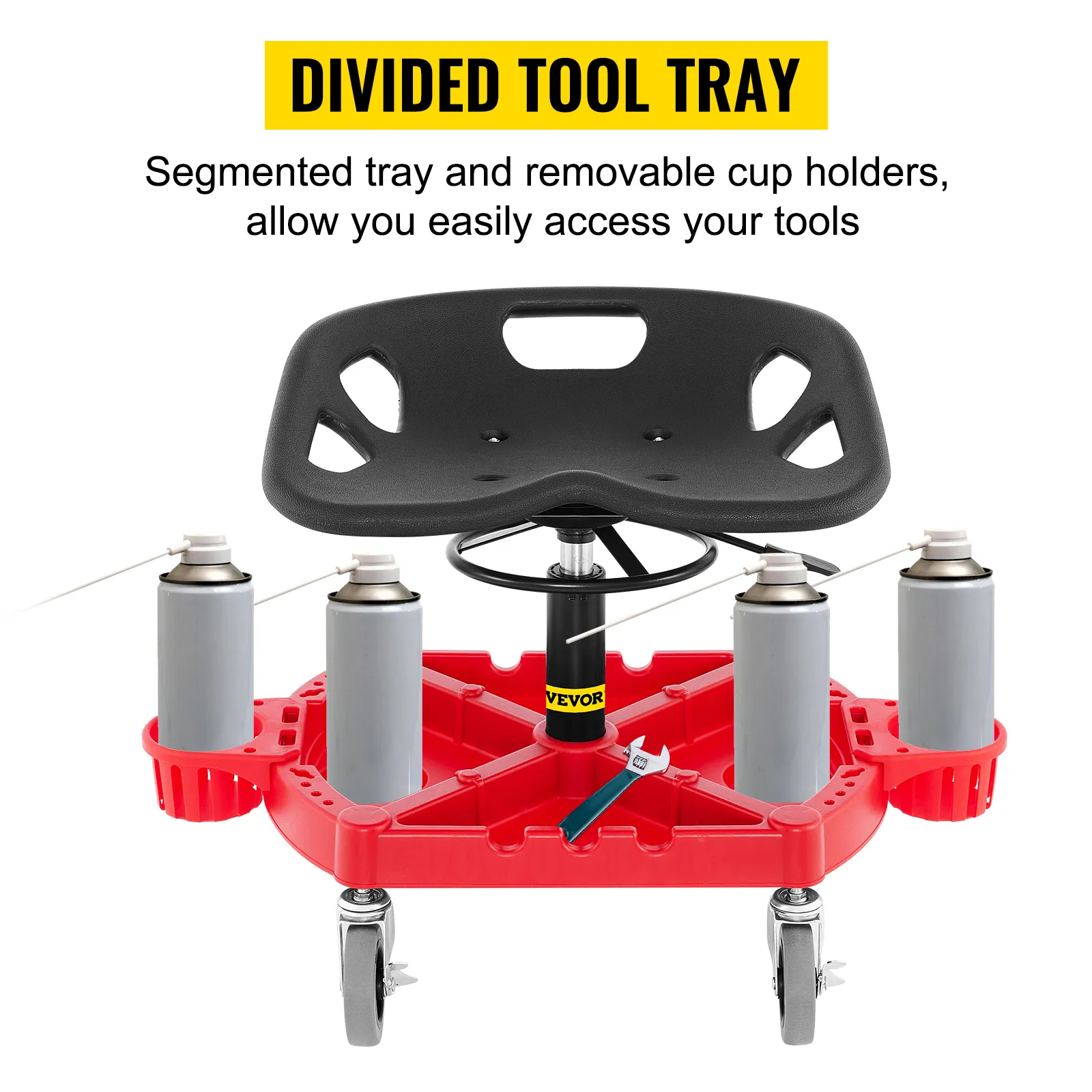 VEVOR rolling garage stool with tool tray, removable cup holders, and caster wheels.