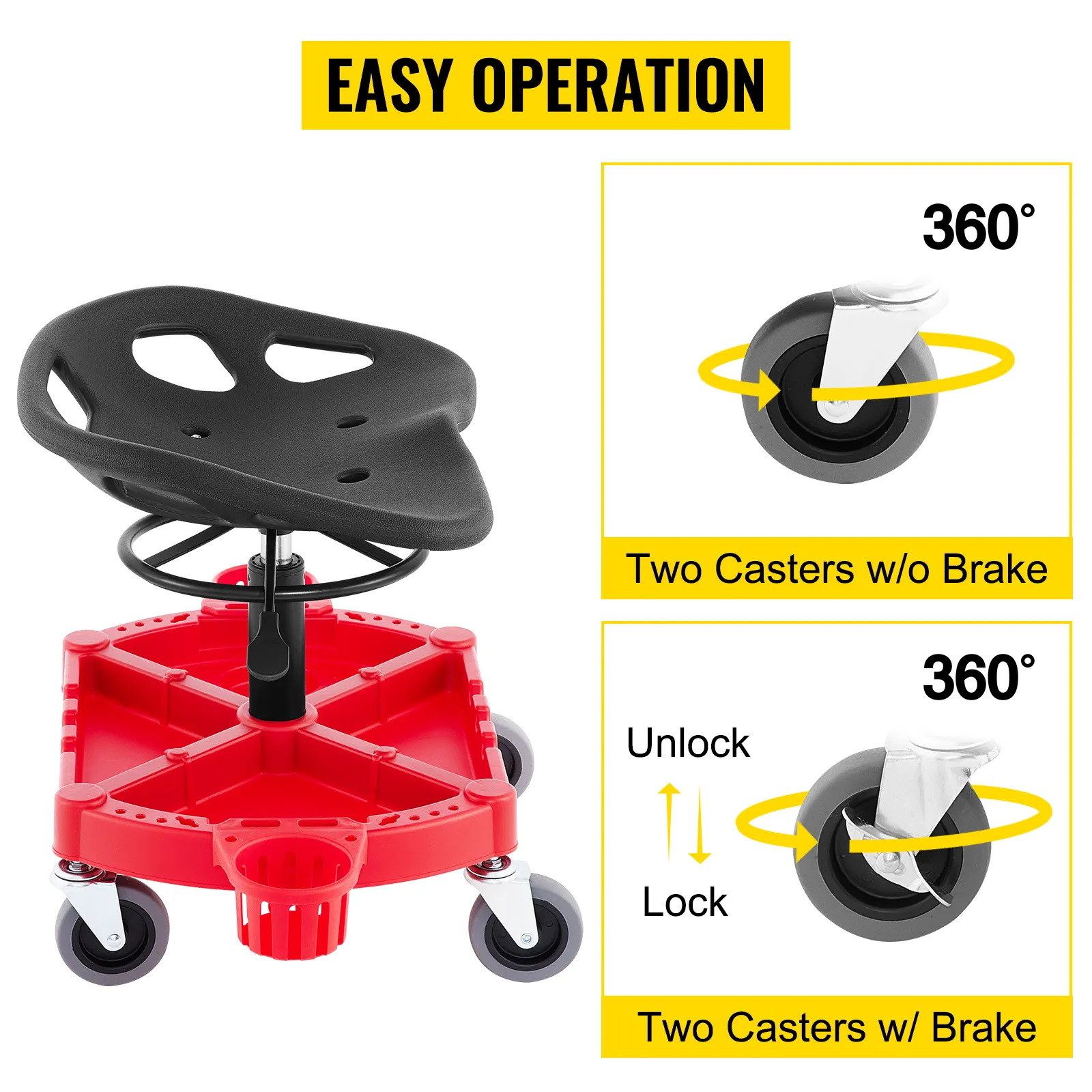 VEVOR rolling garage stool with locking and non-locking casters for easy operation.