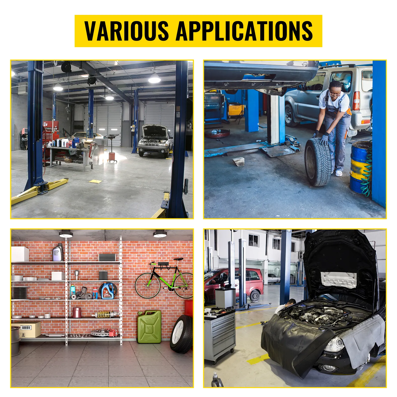 VEVOR rolling garage stool in various automotive and garage settings.