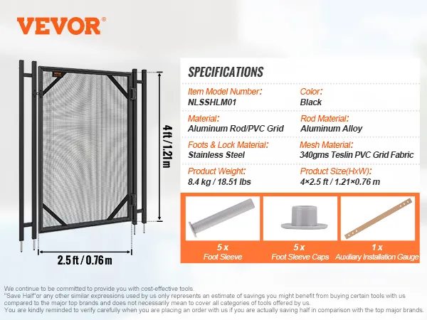 Brama ogrodzeniowa basenu VEVOR, czarna aluminiowa rama, zamki ze stali nierdzewnej, siatka, wymiary 4 stopy x 2,5 stopy.