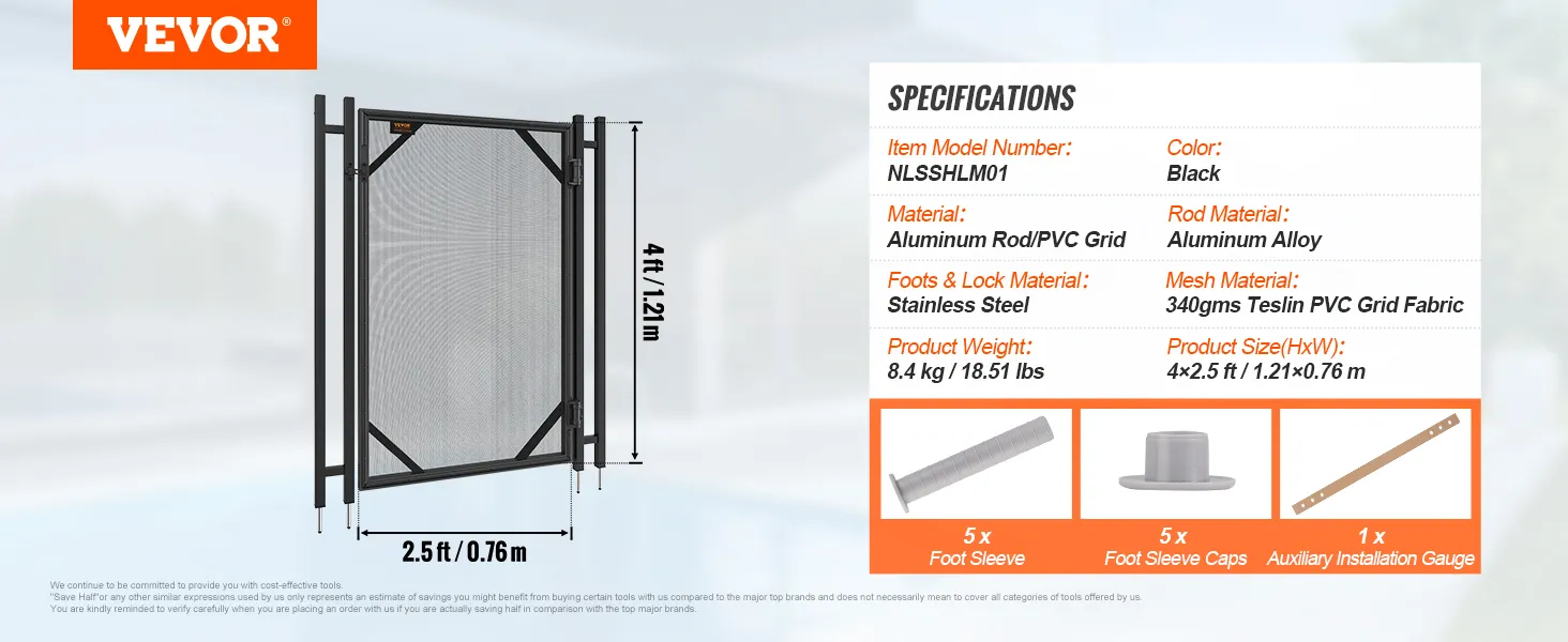 Brama ogrodzeniowa basenu VEVOR, czarna aluminiowa rama, zamki ze stali nierdzewnej, siatka, wymiary 4 stopy x 2,5 stopy.