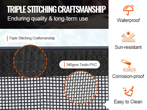 potrójne szwy, gramatura 340 g, tworzywo PVC teslin, wodoodporność, odporność na słońce, korozję, łatwość czyszczenia.