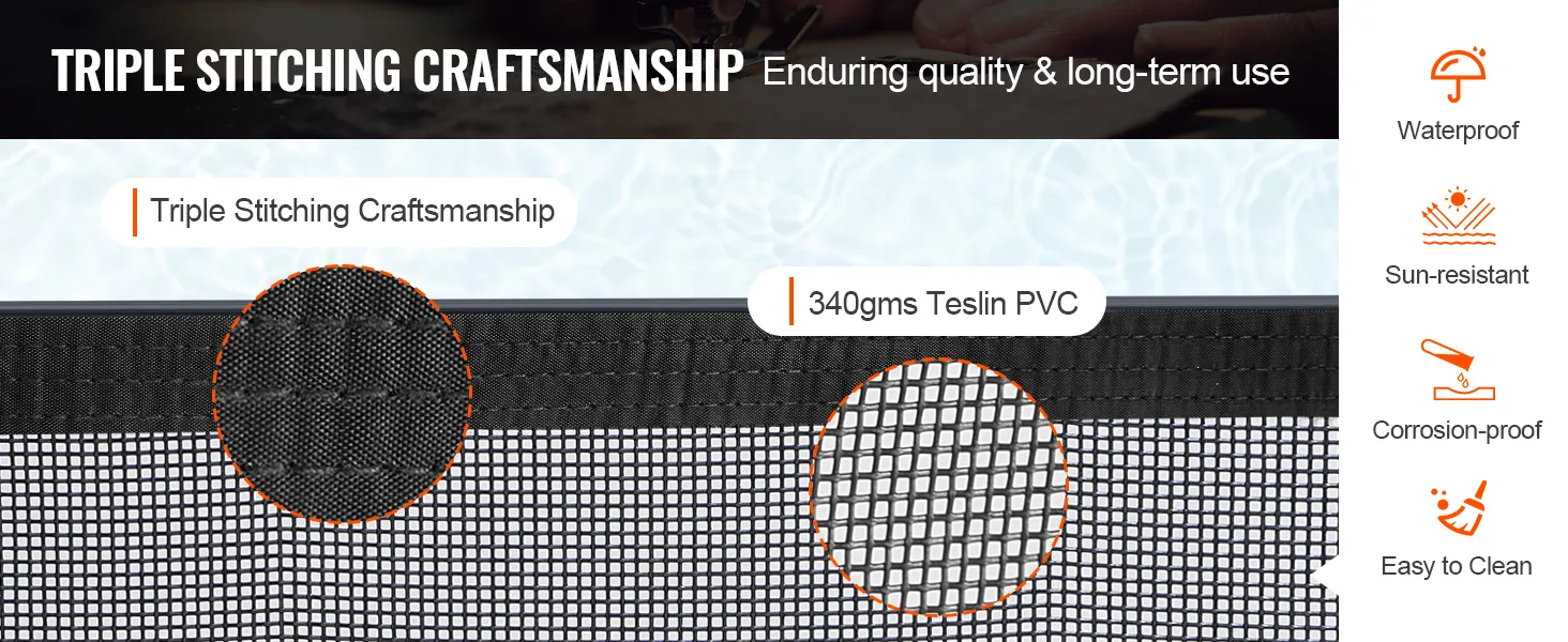 potrójne szwy, gramatura 340 g, tworzywo PVC teslin, wodoodporność, odporność na słońce, korozję, łatwość czyszczenia.