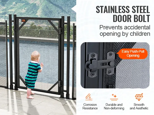 Brama ogrodzeniowa basenu VEVOR z ryglem ze stali nierdzewnej, zapobiegająca przypadkowemu otwarciu przez dzieci.